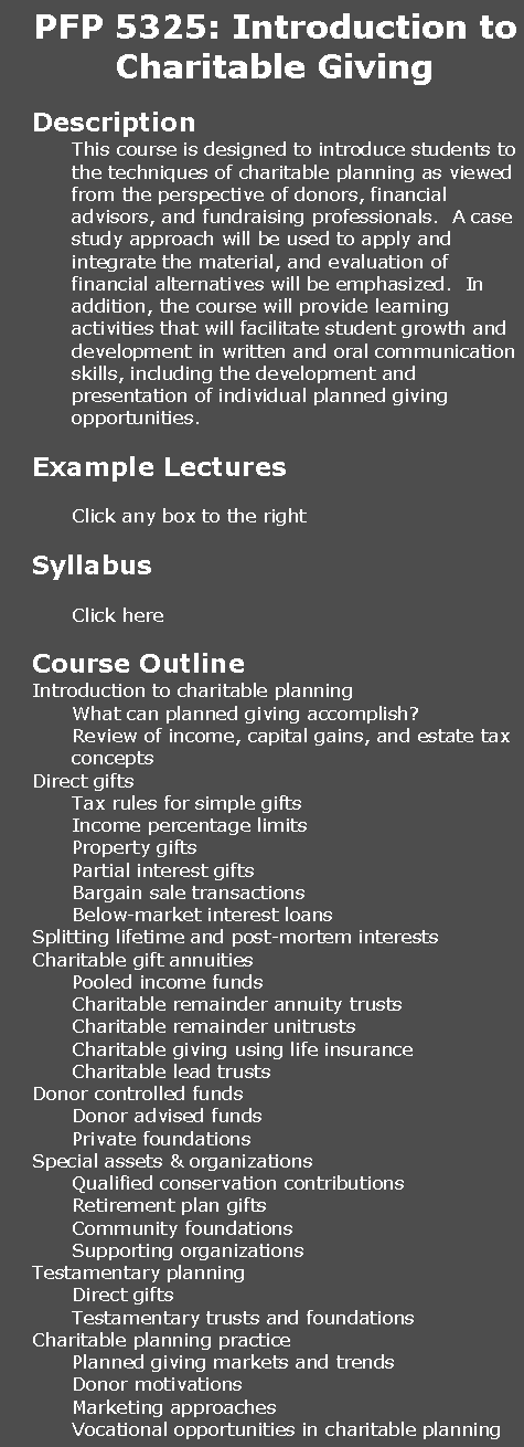 Text Box: PFP 5325: Introduction to Charitable Giving	DescriptionThis course is designed to introduce students to the techniques of charitable planning as viewed from the perspective of donors, financial advisors, and fundraising professionals.  A case study approach will be used to apply and integrate the material, and evaluation of financial alternatives will be emphasized.  In addition, the course will provide learning activities that will facilitate student growth and development in written and oral communication skills, including the development and presentation of individual planned giving opportunities.Example Lectures	Click any box to the rightSyllabus	Click hereCourse Outline Introduction to charitable planningWhat can planned giving accomplish?Review of income, capital gains, and estate tax conceptsDirect giftsTax rules for simple gifts Income percentage limitsProperty giftsPartial interest giftsBargain sale transactionsBelow-market interest loansSplitting lifetime and post-mortem interestsCharitable gift annuitiesPooled income fundsCharitable remainder annuity trustsCharitable remainder unitrustsCharitable giving using life insuranceCharitable lead trustsDonor controlled fundsDonor advised fundsPrivate foundationsSpecial assets & organizationsQualified conservation contributionsRetirement plan giftsCommunity foundationsSupporting organizationsTestamentary planningDirect giftsTestamentary trusts and foundationsCharitable planning practicePlanned giving markets and trendsDonor motivationsMarketing approachesVocational opportunities in charitable planning
